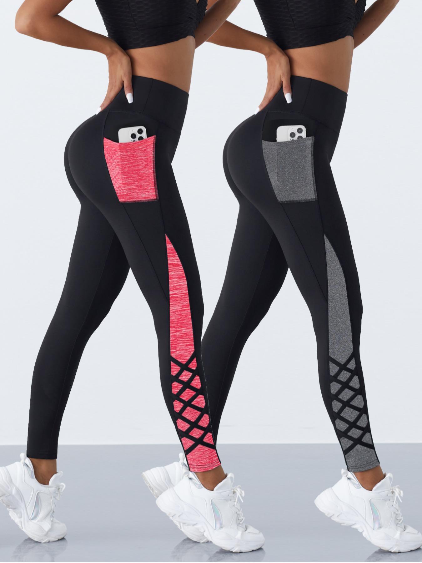 2 Pcs Crossover Straps Color Block Pocket Yoga Pants, Women's Sports Trousers, Suitable for All-seasons Wear, High Waisted Leggings