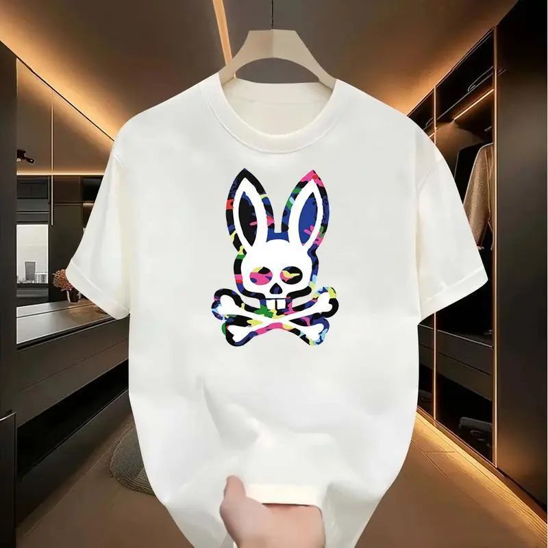Men's T-shirt with Colorful Bone Rabbit Graphic, Casual Loose Fit Cotton Shortsleeve Round Neck Menswear Top, Tshirt