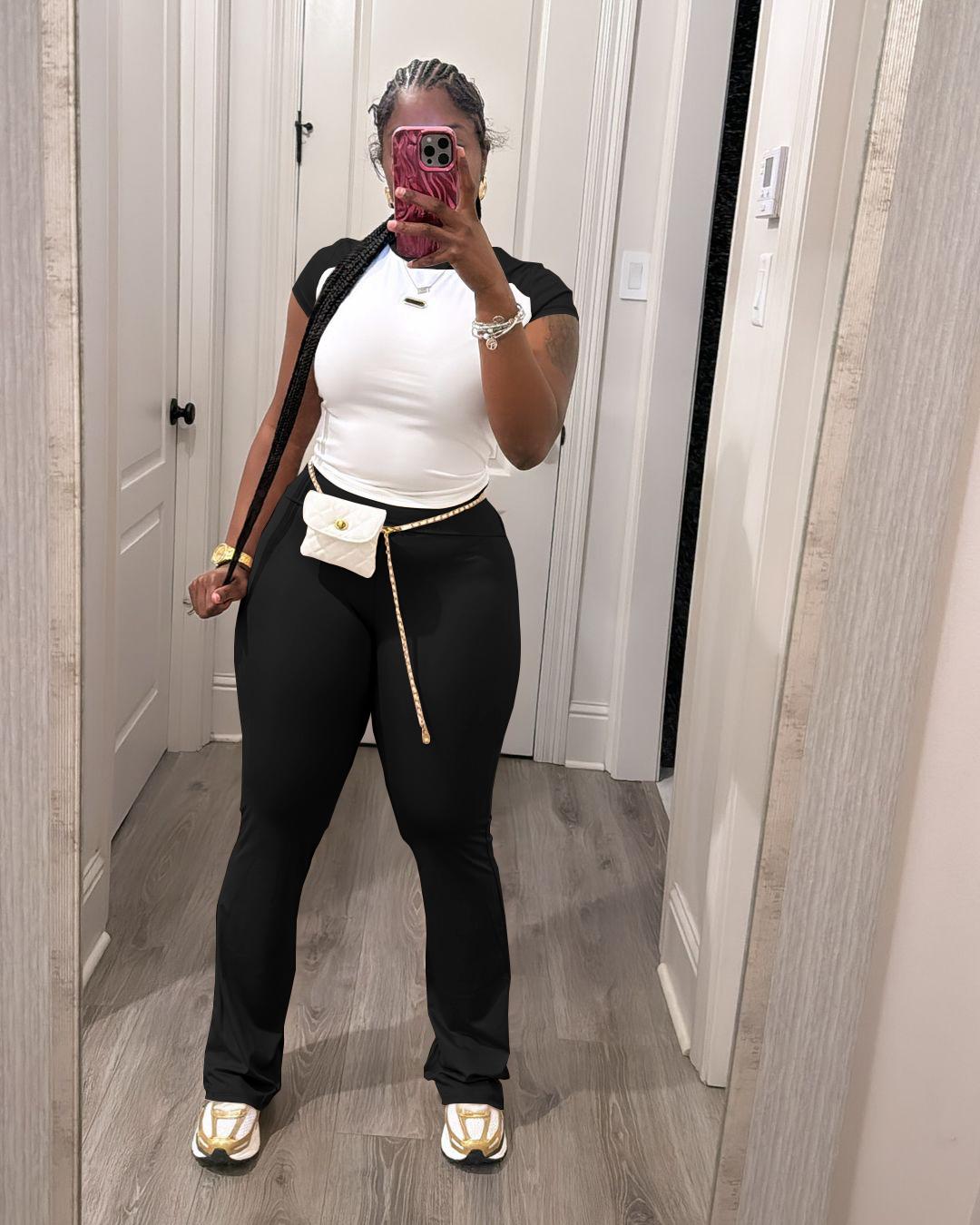 USBoutique Chic Women's Colorblock Top & Pants Two-piece Set Crew Neck Casual Fashion Fitted Cozy Breathable Outfits for Daily Outdoor Wear Ladies Summer Clothes Matching Trouser Set for Gym & Casual Wear