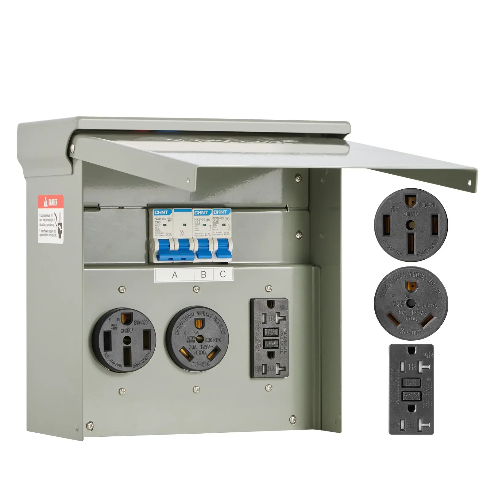 VEVOR Temporary Power Outlet Panel, 20 30 50 Amp, RV EV Electrical Outlet Panel, with NEMA 50 Amp NEMA 30 Amp GFCI 20 Amp Receptacle Installed, Pre-Wired IP54 Weatherproof Box, for RV Camper Motorhome