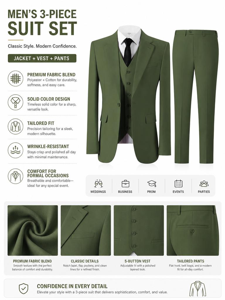 Men's 3-Piece Wedding Suit Set One-Button Notch Lapel Blazer, Vest & Trousers | Formal Business Groom Attire & Casual Party Tuxedos Beige Long Sleeve Menswear Matching SpringStatements Plain
