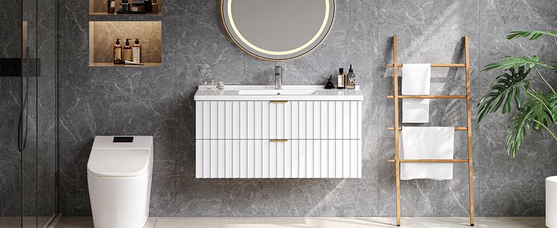 【Valentine's Day gift】ONBRILL Bathroom Vanity with Sink Combo, Floating Bathroom Vanity with 2 Fluted Drawers & Metal Handle, Modern Wall Mount Storage Cabinet with Ceramic Integrated Sink for Small Space 【Valentine's Day gift】ONBRILL Bathroom Vanity with Sink Combo, Floating Bathroom Vanity with 2 Fluted Drawers & Metal Handle, Modern Wall Mount Storage Cabinet with Ceramic Integrated Sink for Small Space