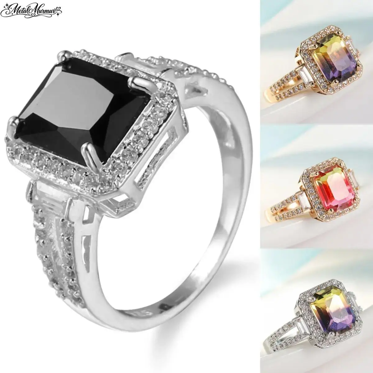 925 Silver Engagement Ring Elegant Pave Band for Women with Radiant Cut Mystic Topaz, Black Spinel & Baguette Side Stones, Versatile All Seasons Outdoor Accessory for Active Lifestyles & Anniversary.