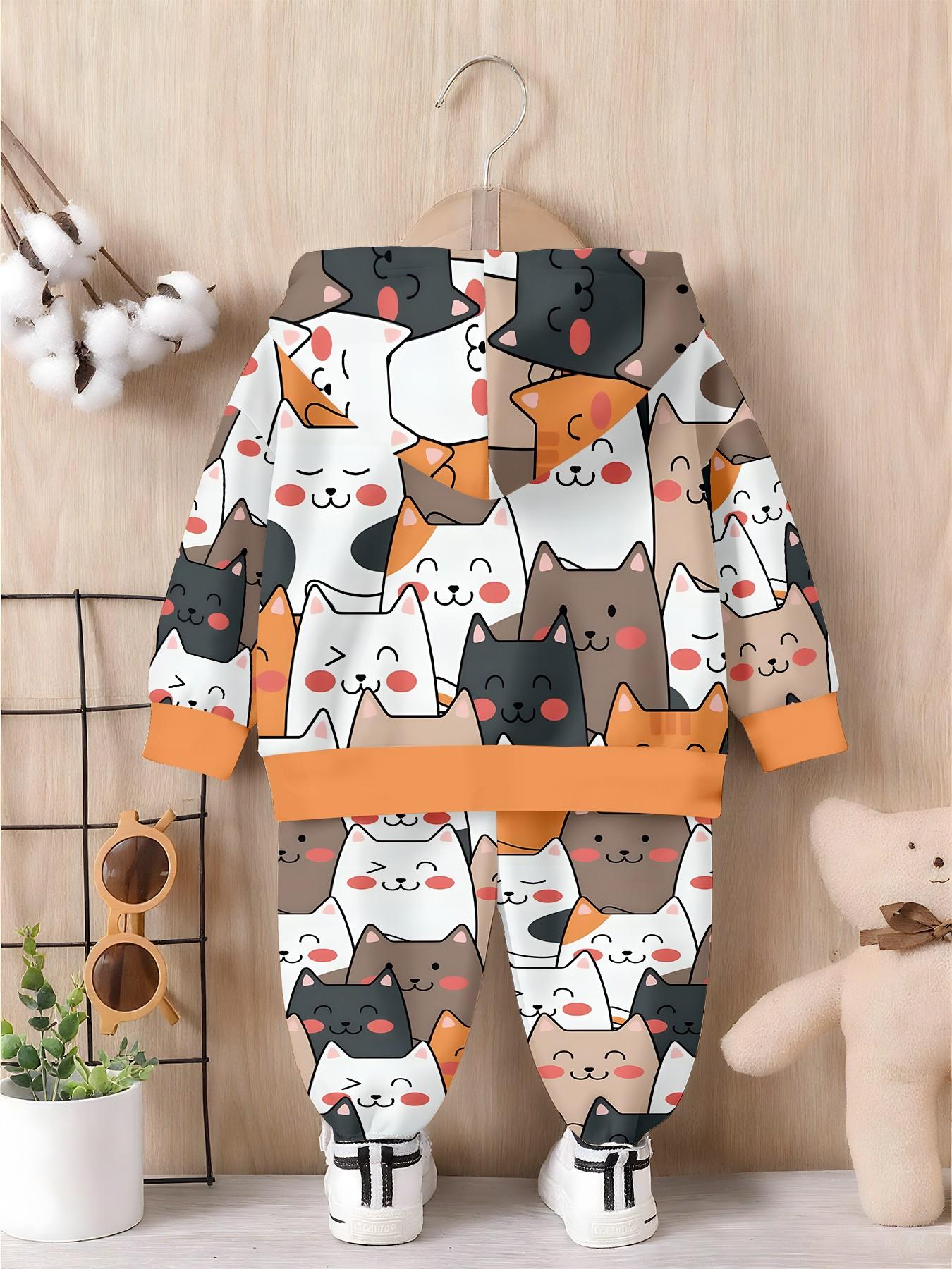 Full Color Cartoon Cat Print Sweatpants Set, Ribbed Hem, Unisex Kids' Long Sleeve Loose Fit, Fall & Winter Casual Suit