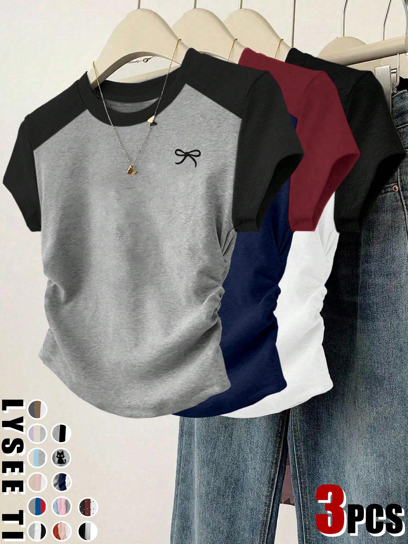 3pcs/1pc women's casual fashion slim fit small bow print details simple solid color pleated pullover shirt women's round neck short sleeved three piece T-shirt