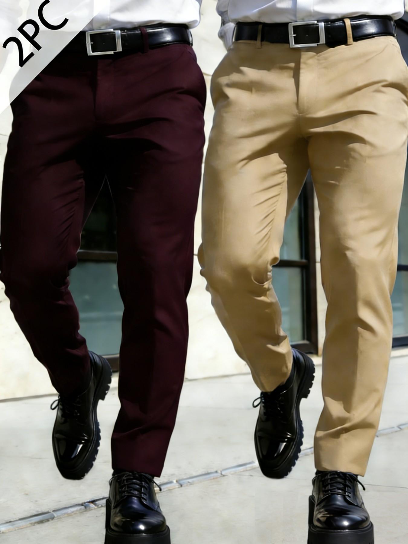 2-pieces Men's New Loose Straight Leg Elastic Solid Color Formal Pants, Casual Pockets, Anti-Wrinkle Comfortable Business Casual Trousers for Work and Weekend, Casual Fashion Pocket, Versatile, Modern