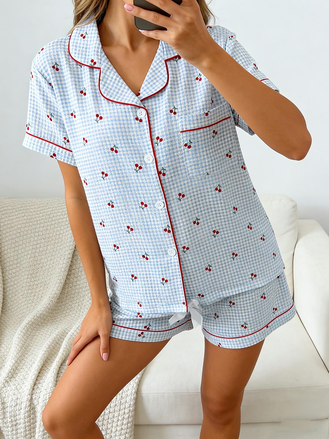 Women's Short Sleeve Button Down Top and Shorts Pajama Set, Spring Summer Wear, For Energetic Teen Girls, Blue White Gingham With Bright Cherry Print, Classic Lapel Collar, Loose Vitality Fit, Comfortable For Home & Gatherings