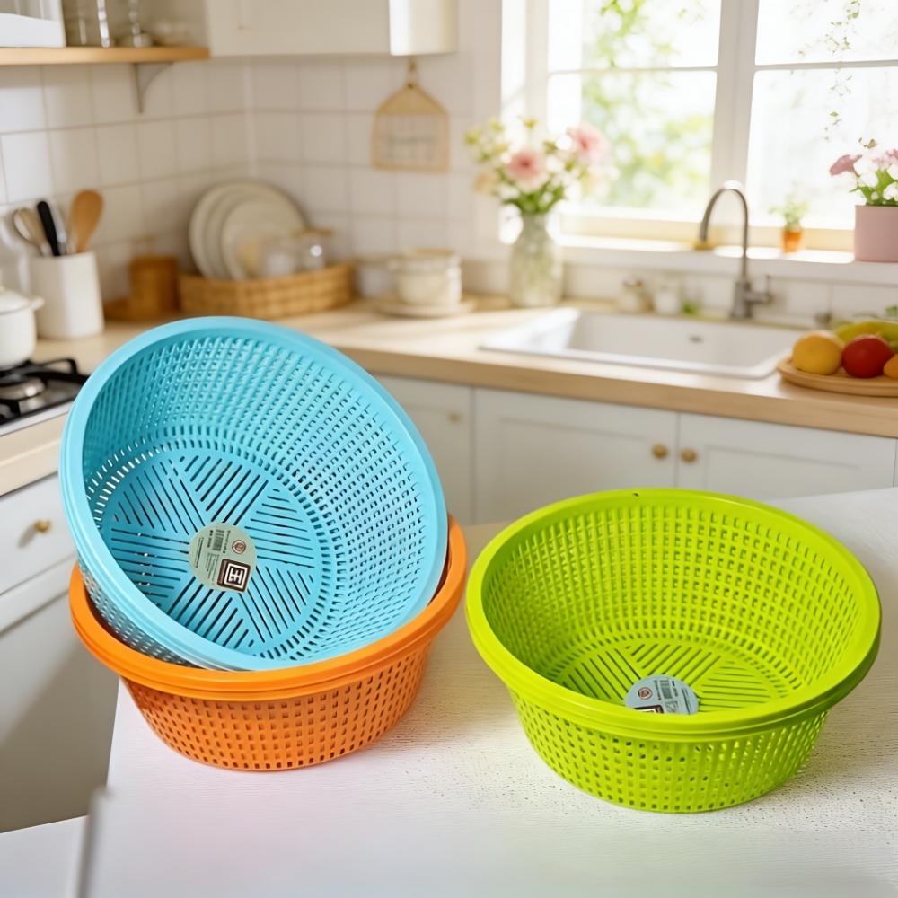 2pcs Stackable Round Plastic Colanders, Thickened Mesh with Drain Holes, Kitchen Multi-Functional Cleaning Basket, Space-Saving Design