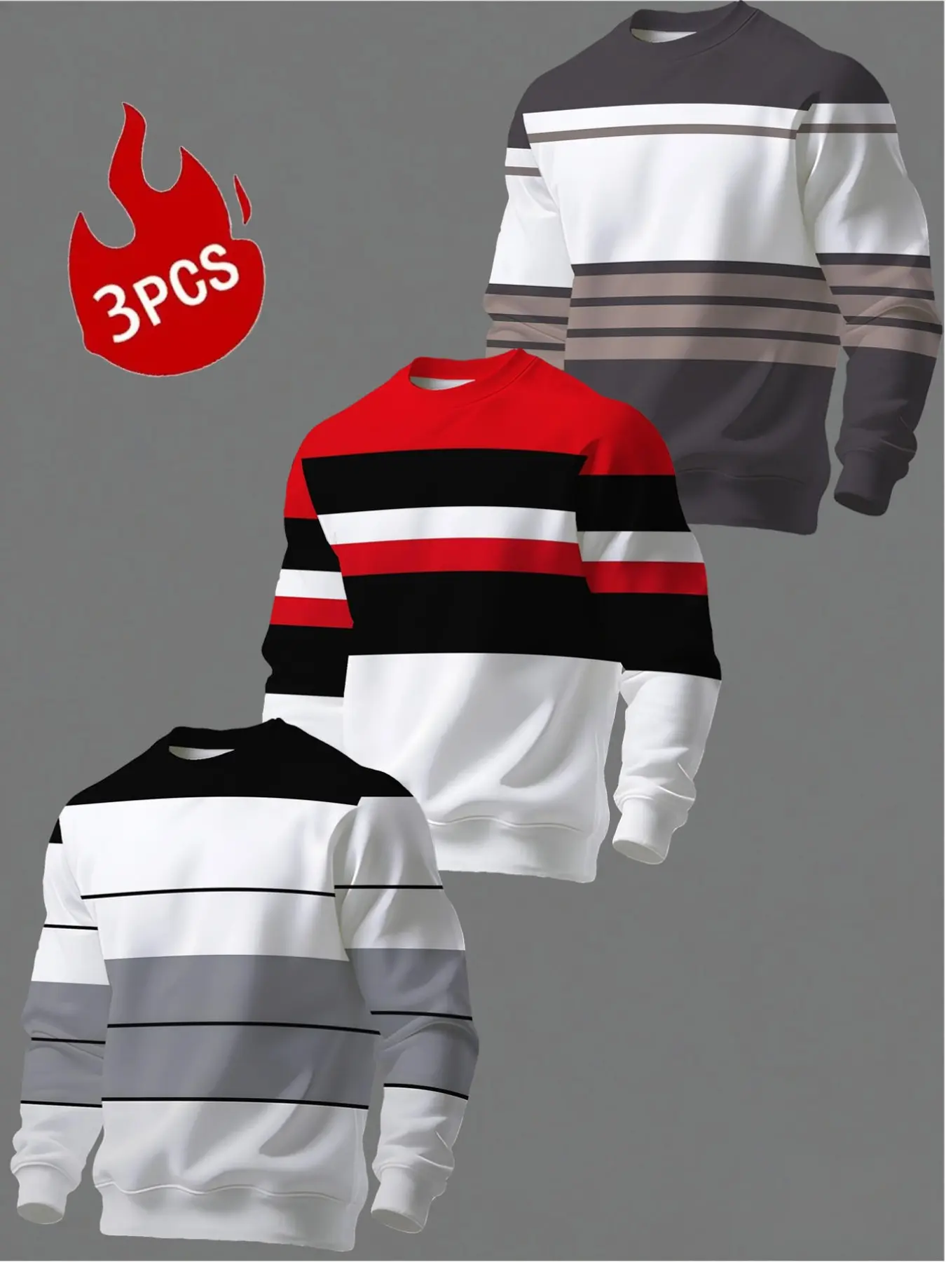 Men's 3-Pack Colorblock Striped Round Neck Sweatshirt, Casual Long Sleeve Top, Spring Fall Loose-Fit Clothing, Versatile Men's Wear, Fashionable Sweatshirts
