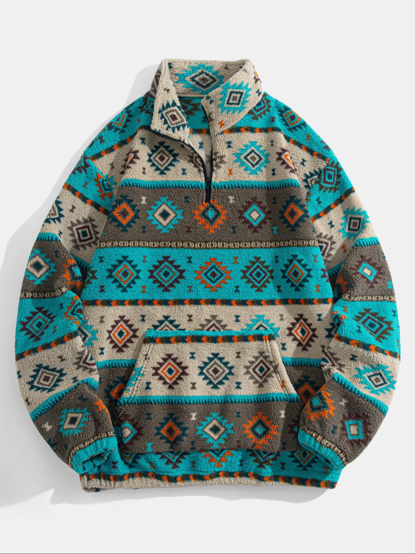 Men's Fleece Half-Zip Sweatshirt, Fall Winter Warm Casual Ethnic Long Sleeve Top, Comfortable Stylish Wear