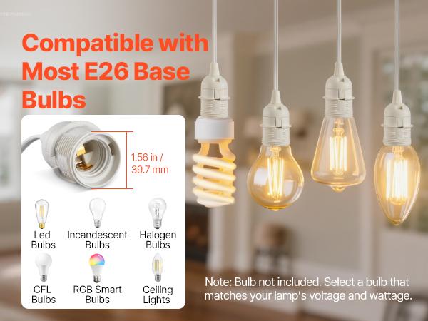 VEVOR Plug in Hanging Light Cord Kit, 16ft Lantern Extension Cords, 2 Pack E26 Light Socket Lamp Cord Replacement, Secure Sturdy, Easy to Install, Pendant Lamp Kit On/Off Switch Socket Rings