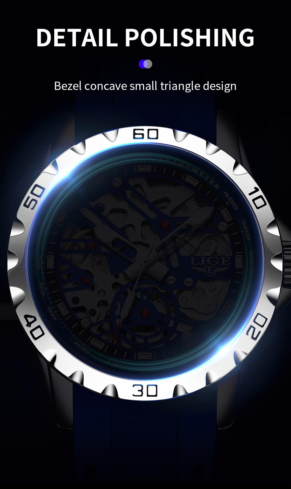 Lige Men's Mechanical Watch, 43mm stainless steel case, 30-meter water resistance, luminous at night, Skeleton Machinery design.