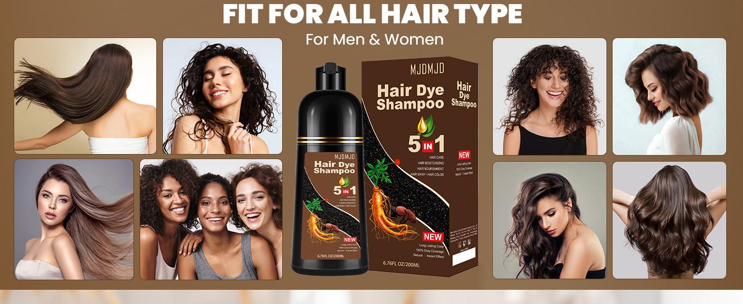 5-in-1 Dark Brown Hair Dye Shampoo – Natural Herbal Hair Color Shampoo with Ginseng, 100% Gray Coverage for Men & Women,  Long Lasting Dark Brown, Easy to Use 200ML
