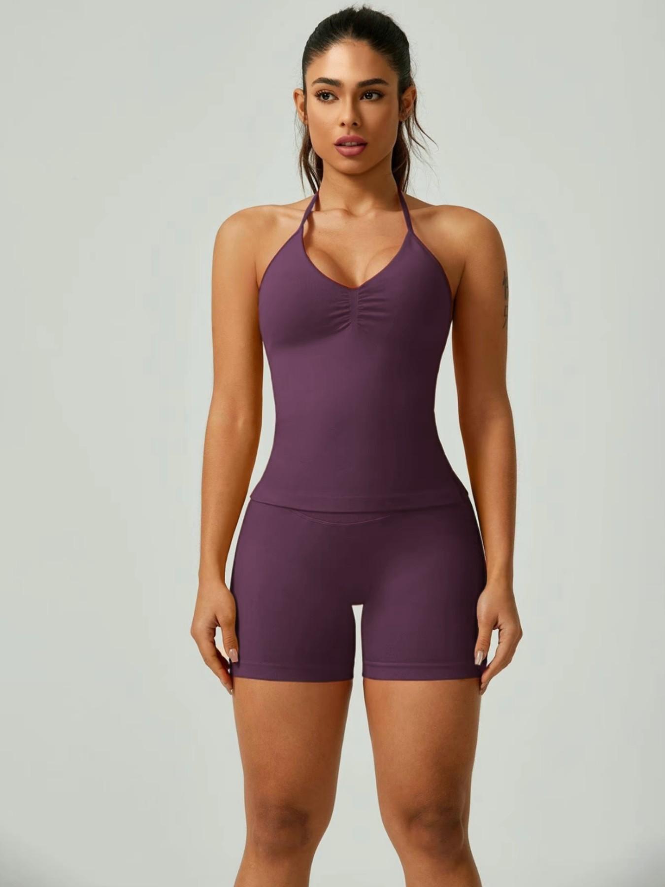 Bootie Lifting & Snatched Waist Yoga Set, Halter Ruched Top + High Waist Sculpting Shorts, Ideal for Gym, Yoga, Activewear, Gym Workout Set, High Stretch Sporty, Gym Clothes Workout