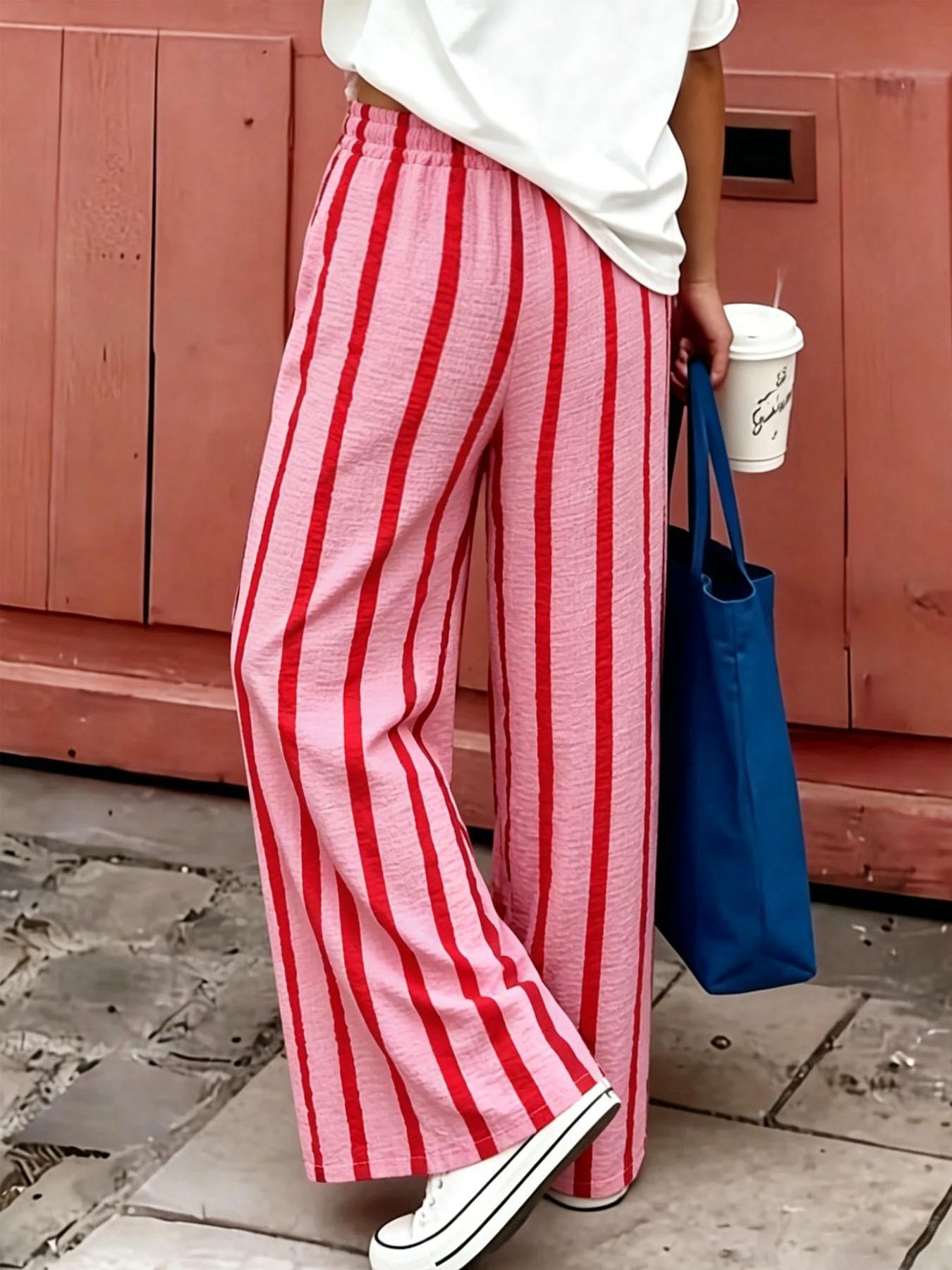 Women's Pink & Red Vertical Striped Wide-Leg Pants, Elastic Waist Lightweight Crinkled Linen-Like Trousers, Casual Streetwear Pants, Casual Summer Bottoms for Street & Vacation Style