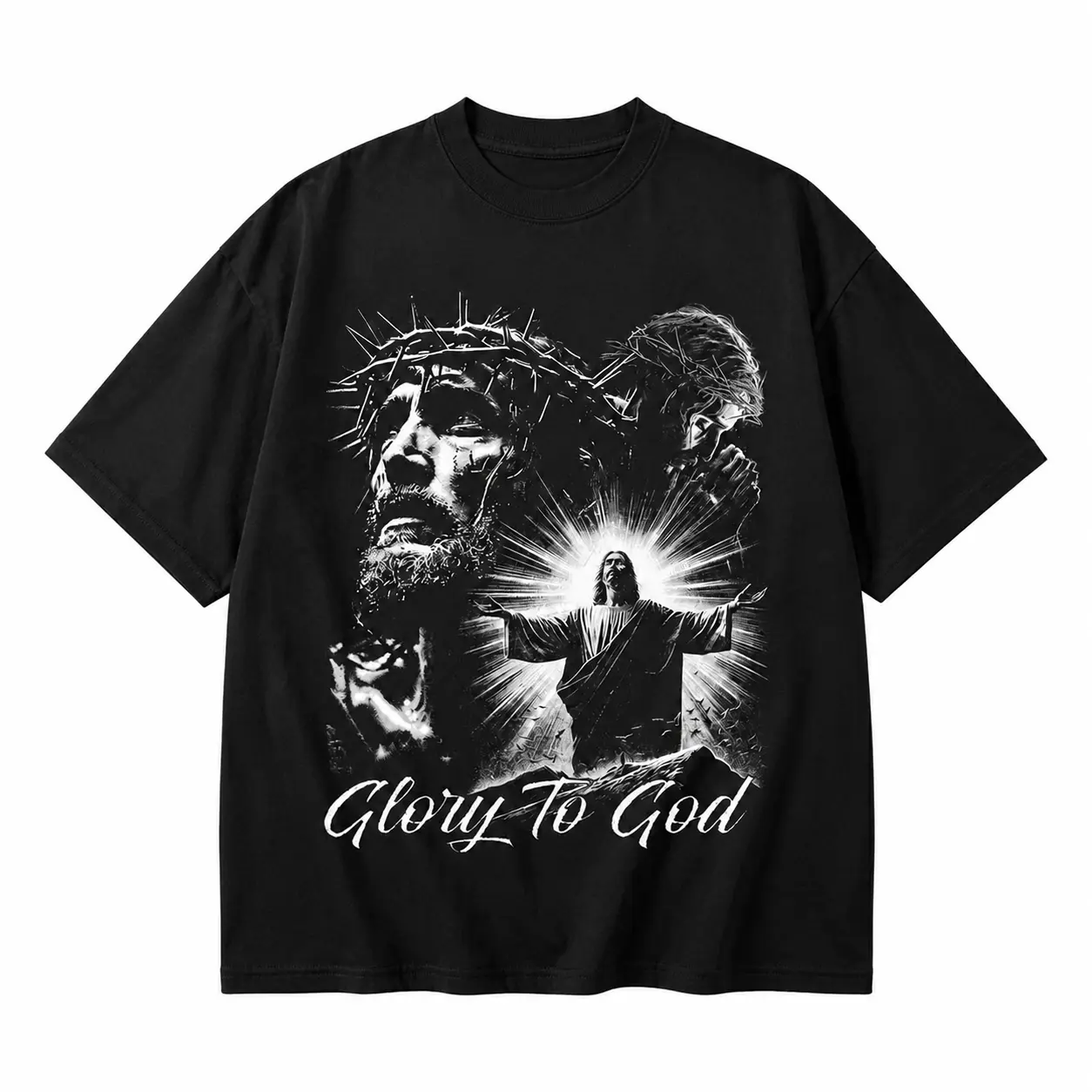 Glory To God Jesus Christ Graphic T-Shirt, Christian Faith Crown Of Thorns Black White Art Print Black Short Sleeve Tee, Religious Gift