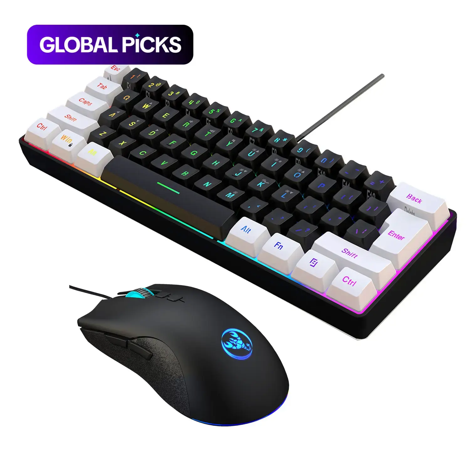 Mechanical Keyboard with Double-Shot Keycaps and Mouse Set, 61-Key Slim RGB Backlit Keyboard & Optical Mouse Combo, USB Plug-and-Play Gaming PC Accessories, Gaming Items