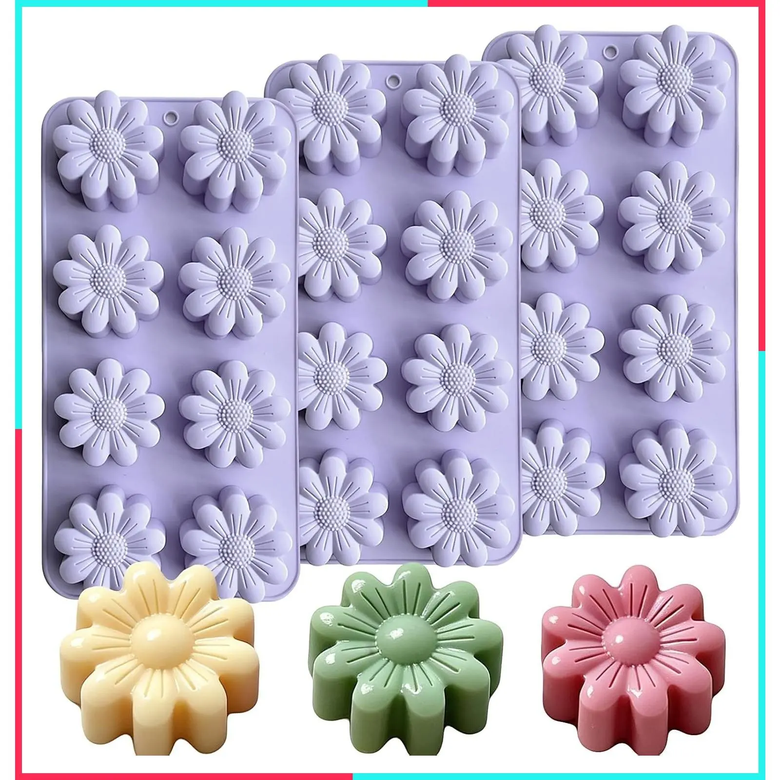 3 Pack Flower Silicone Molds, Daisy Chocolate Candy Molds for Soap Making 8 Cavities Daisy Ice Cube Molds for Baking Candle Cookie Jello Wax Melts Cake Decorating