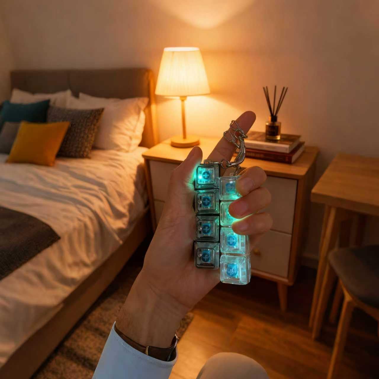 2 Pack Mechanical Keyboard Fidget Keychain with LED Lights - Transparent Click Button for Stress & Anxiety Relief. Portable Finger Clicker Toy for Focus, ADHD, Restless Hands