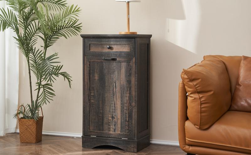 【Does Not Include Trash Can】AHB 13 Gallon Tilt Out Trash Cabinet Kitchen Waste Bins, Laundry Hamper Tilt Out Pet Proof Hidden Trash Bin for Kitchen Living Room, Rustic Black