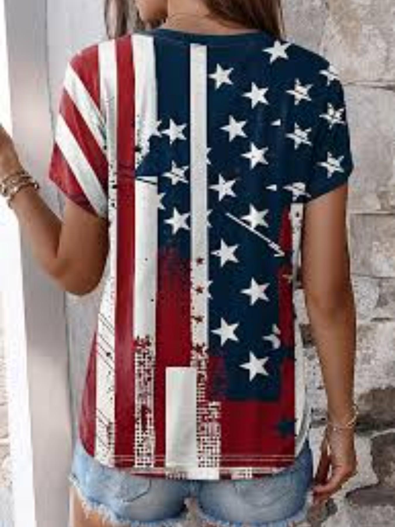 Classic Vintage American Flag Patchwork 3D Print Women's High Street Fashion Loose Mesh Breathable V Neck Short Sleeve T-Shirt