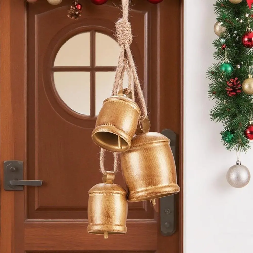 Retro Cowbell Bag Charms - Vintage Metal Christmas Bell Ornaments Set, Rustic Hanging Decor with Natural Jute Rope, Farmhouse Front Door & Xmas Holiday Props (Luggage & Bag Accessories)
