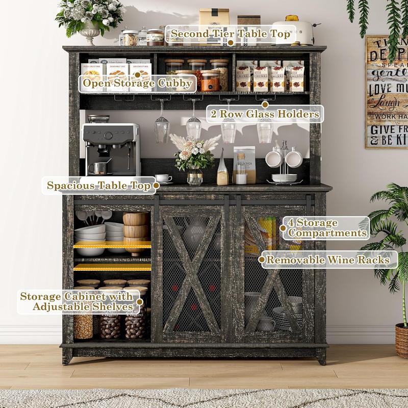 63"W/47"W/31.5"W Farmhouse Coffee Bar Cabinet with LED Light,Wine Bar Cabinet w/ Tier Storage Hutch,Kitchen Buffet Cabinet w/Sliding Barn Door & Wine and Glass Racks for Kitchen Dining Room(Brown/Antique White/Dark Rustic Oak) 63"W/47"W/31.5"W Farmhouse Coffee Bar Cabinet with LED Light,Wine Bar Cabinet w/ Tier Storage Hutch,Kitchen Buffet Cabinet w/Sliding Barn Door & Wine and Glass Racks for Kitchen Dining Room(Brown/Antique White/Dark Rustic Oak)