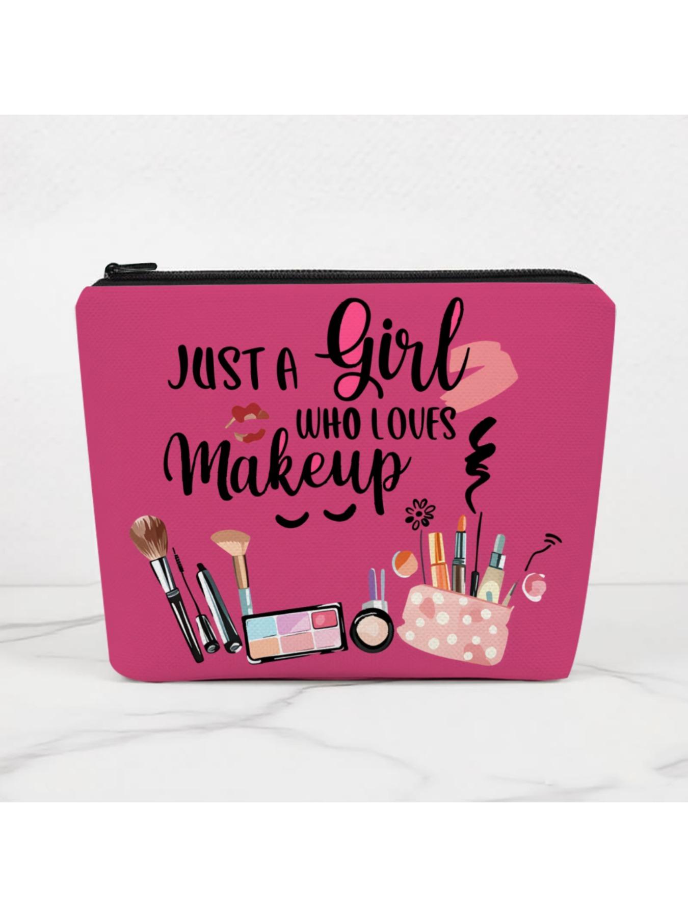 1pc Makeup Bag Pink Cosmetic Pouch With Just A Girl Who Loves Makeup Print And Makeup Tools Design For Travel Beauty Storage And Daily Use Perfect For Carrying Makeup Brushes Skincare Products And Personal Care Items Ideal For Traveling Gym