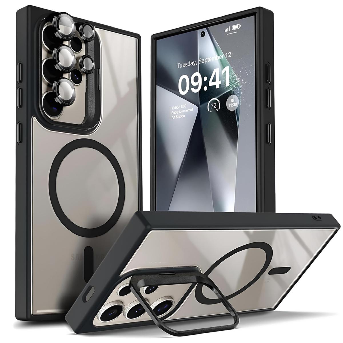 [Free!!Ship!] Camera Lens Kickstand Clean Case for Samsung Galaxy S25 Ultra S24 S23 Mag Safe Heavy Duty Transparent Shockproof Phone Bumper with Camera Lens Protector