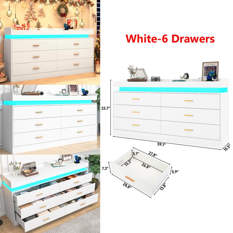 Dresser with LED Light, Modern Chest of Drawers for Closet, Wide Drawer Organizer Cabinet for Bedroom, Living Room, Entryway, Hallway, White/Black