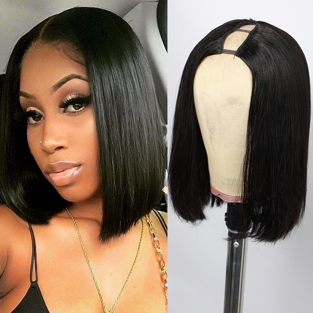 VIPbeauty Straight V Part Bob Wig Human Hair Glueless No Leave Out Upgraded U Part Wig For Women 10-16 Inch Short Human Hair Brazilian Raw Hair 1B Natural Black Color 150%