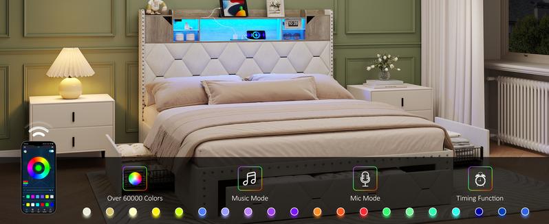 Vabches Queen Bed Frame with Storage Headboard and 3 Drawers, Upholstered Platform Bed Frame with LED Lights and Charging Station, 3-Tier Shelves, Rivet Trim, No Box Spring Needed, Noise Free