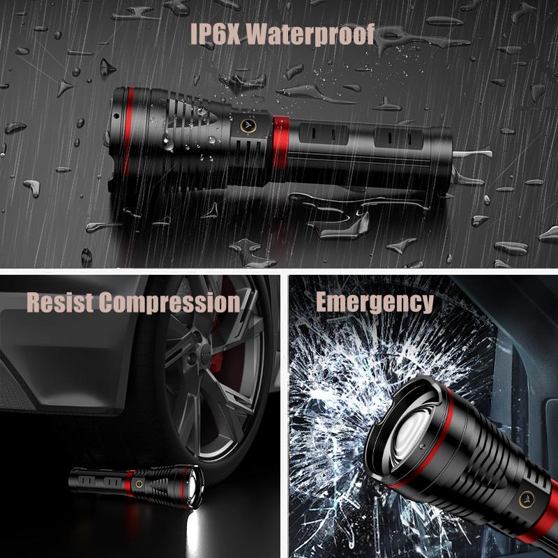 SKYFIRE Model 1209 – 2800 Lumen Rechargeable LED Flashlight, Ultra-Bright, 3 Lighting Modes, Waterproof, with Shoulder Strap – Ideal for Camping, Emergency, Hiking, and Outdoor Use#Summervibes summergarden