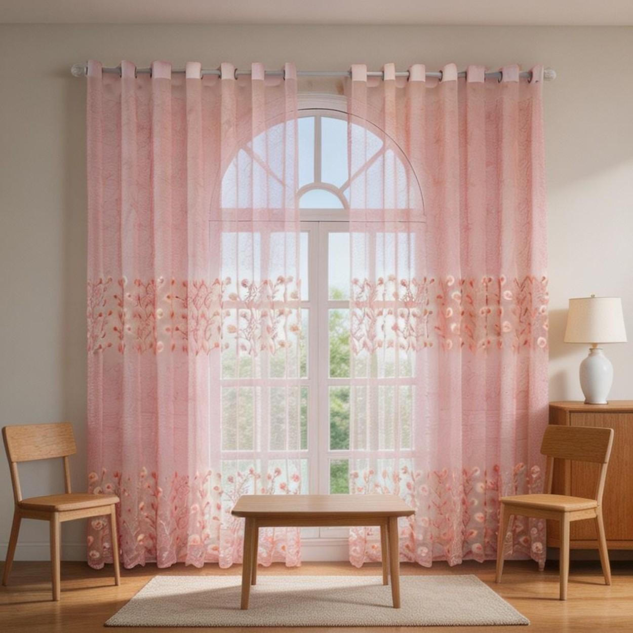 1panel Cherry Blossom Embroidered Transparent Curtain, Top Ring Hanging, Bedroom Balcony Living Room Decor, Create Atmosphere