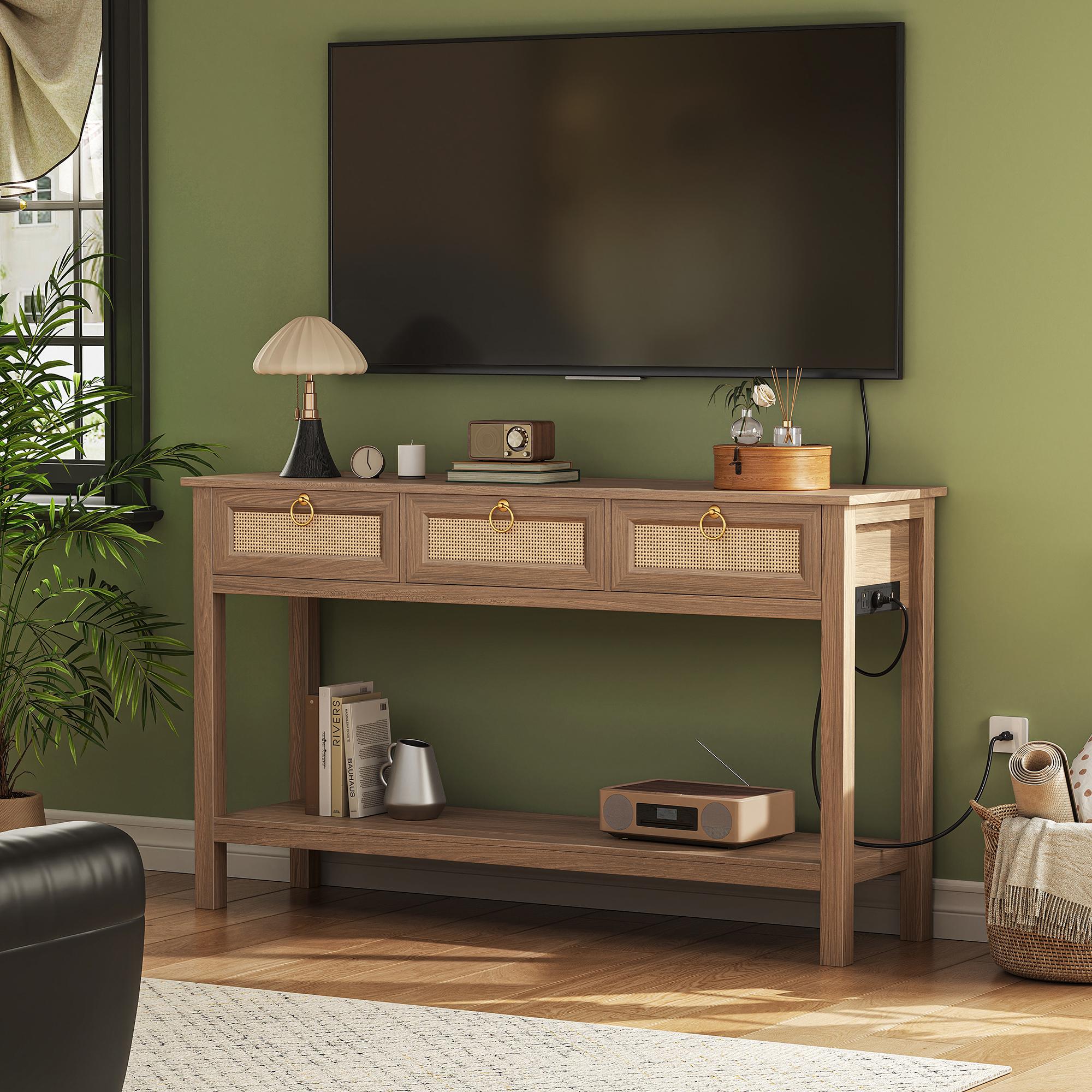 SUPERJARE Rattan Console Sofa Table with Outlets and USB-C Port, 3 Drawer Entryway Table with Synthetic Rattan Surface, Open Shelf, Behind Couch Entry Foyer Hallway Storage