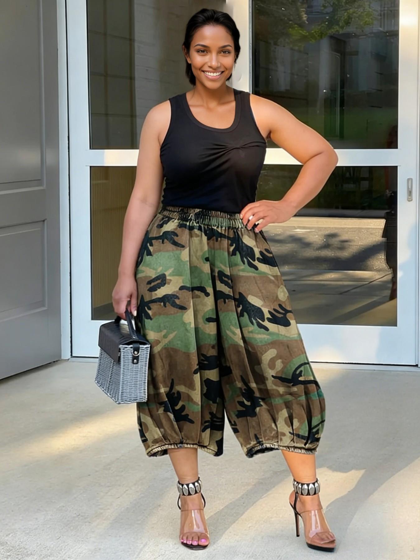 Women's Fashion Casual Camouflage Print Pants, Elastic Waist Lantern Seven-Quarter Pants, Stylish and Comfortable Everyday Wear