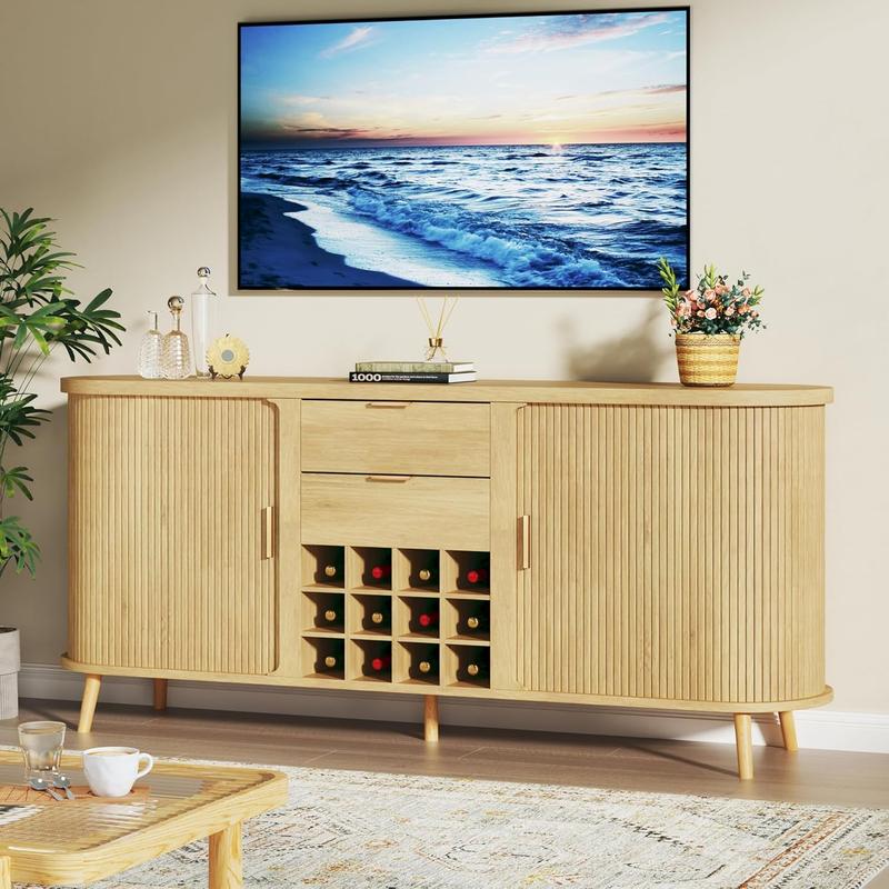 Sideboard Buffet Cabinet with Storage, 58" Fluted Tambour with 12 Wine Tanks, Adjustable Shelves, 2 Drawers, Mid Century Modern Console for Kitchen Living Room