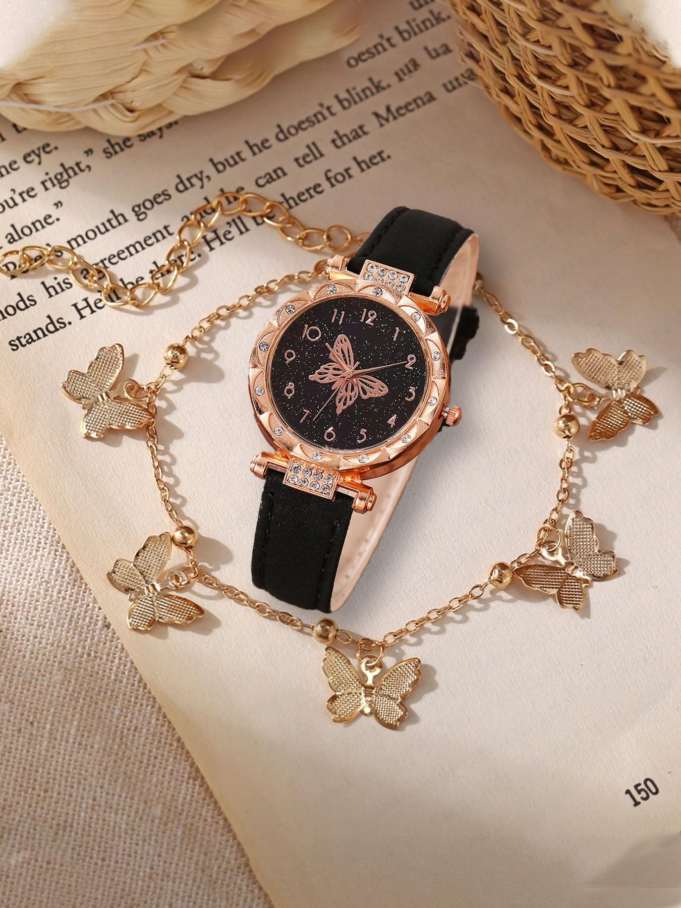 2-piece set of fashionable leather belt quartz watches for women, featuring a personalized butterfly design, suitable for students and ladies