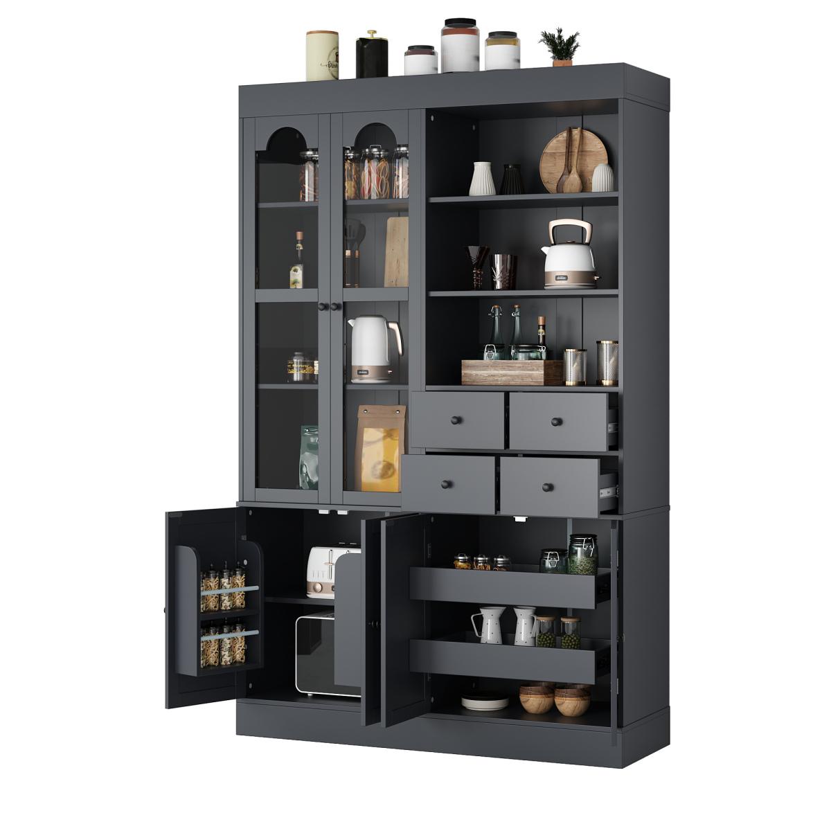 [Assembly Video Provided]  47.2x15.7x75inch Freestanding Buffet with Hutch, Tall Kitchen Pantry Cabinet with 4 Drawers, Door Shelves and Pull-out Trays for Dining room, Living Room, Gray