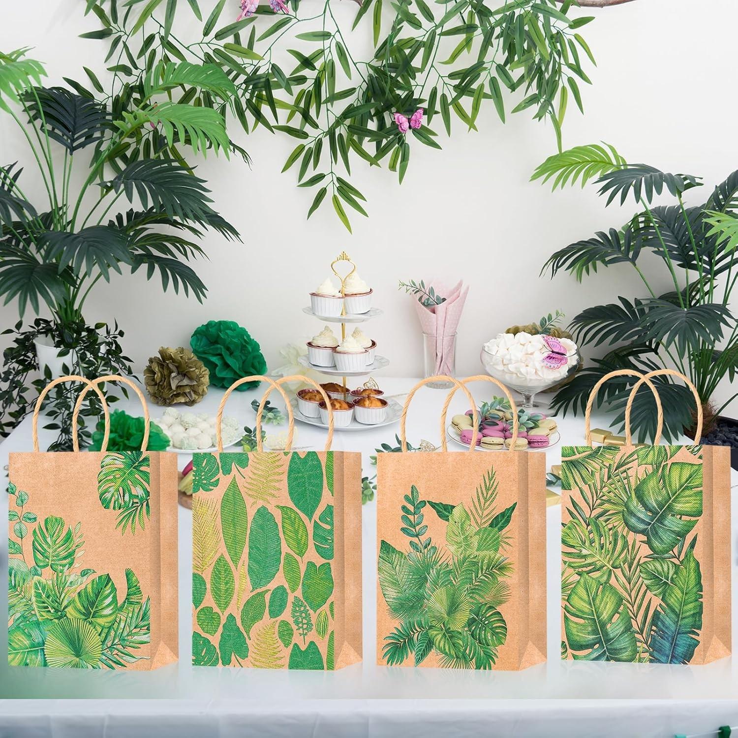 12/24-Pack Summer Tropical Palm Leaf Gift Bags – Tropical Leaf Candy & Favor Bags – Green Monstera Leaf Paper Bags (Ideal for Baby Showers & Bachelorette Parties)