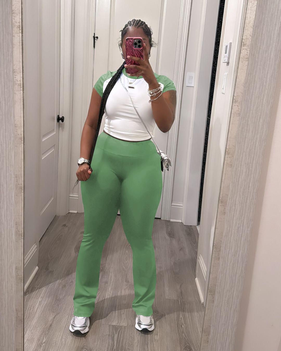 USBoutique Chic Women's Colorblock Top & Pants Two-piece Set Crew Neck Casual Fashion Fitted Cozy Breathable Outfits for Daily Outdoor Wear Ladies Summer Clothes Matching Trouser Set for Gym & Casual Wear