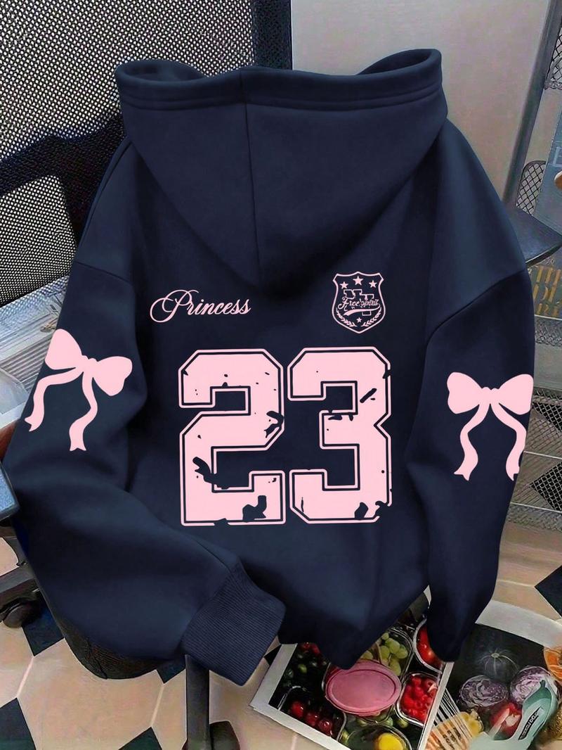 Women's cool and cute trendy number bow print hoodie, kangaroo pocket, drawstring hooded sweatshirt, fashionable autumn and winter wear, Graphic Hoodies