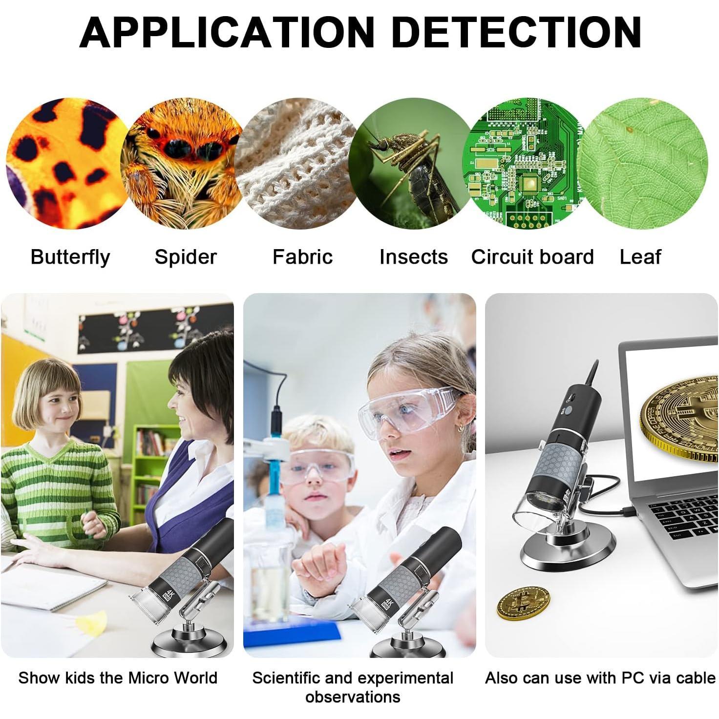 4K 3840x2160P Digital Microscope, Handheld USB Inspection Camera Endoscope 50x-1000x Magnification, Compatible with iPad Android Phone Tablet Windows (with Stand) 4K 3840x2160P Digital Microscope, Handheld USB Inspection Camera Endoscope 50x-1000x Magnification, Compatible with iPad Android Phone Tablet Windows (with Stand)