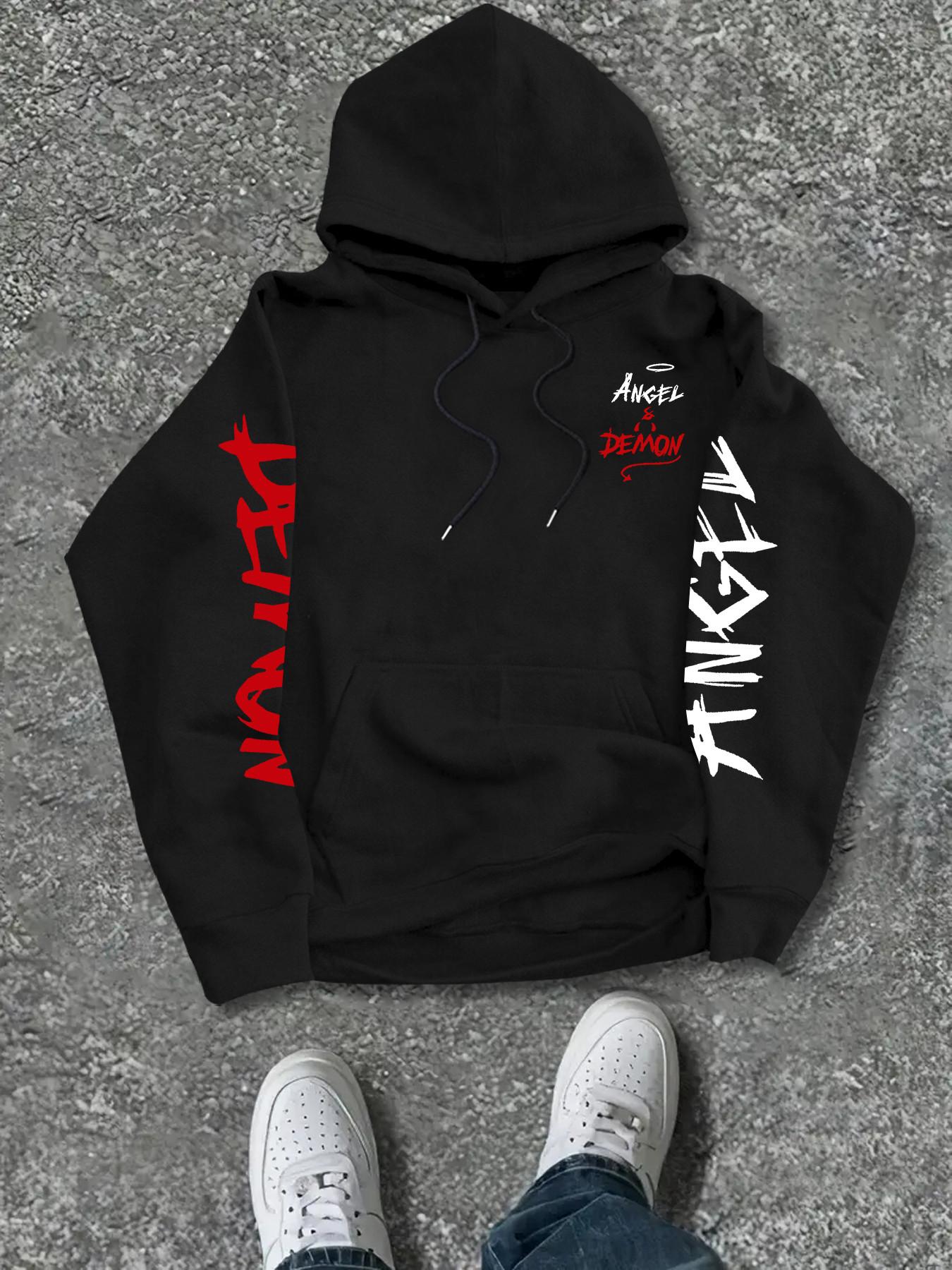 Men's Fall Winter Demon Angel Wing Print Hoodie, Drawstring Hood +