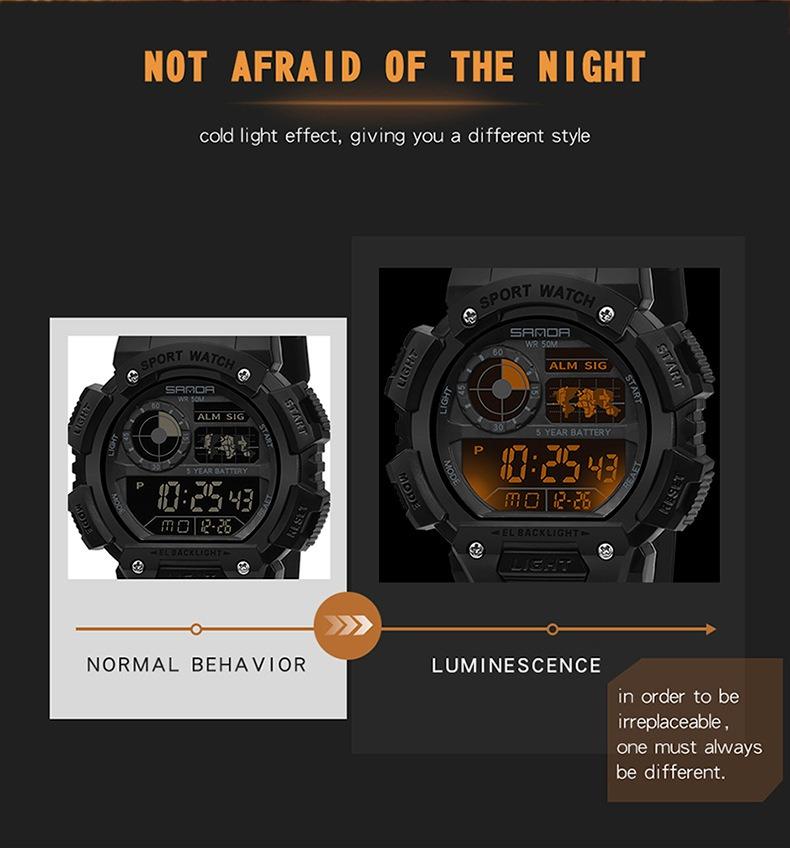 Sanda Fashion Waterproof Digital Watch for Youth, Dual Time, Stopwatch, Alarm, Luminous, Week Date, 12/24h, Casual Style, All Seasons