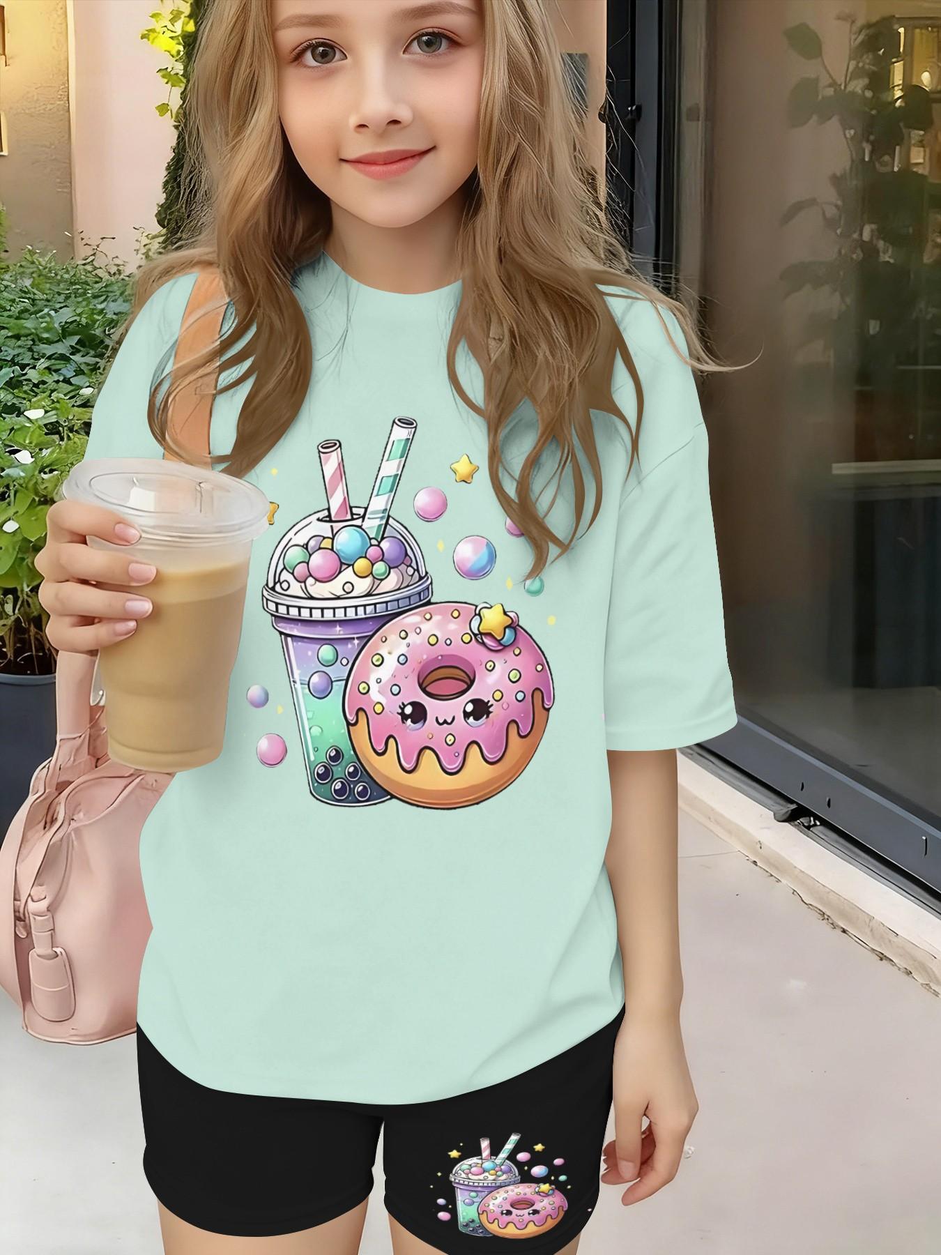 Girls' Cartoon Print Short Sleeve T-Shirt and Pants Set, Casual Streetwear, Comfortable Daily Wear, Perfect Gift for Kids, Outdoor Fashion