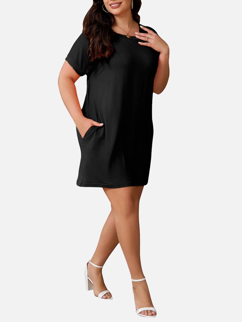 Women's Solid Color Batwing Sleeve Hidden Pocket Tee Dress, Casual Fashionable Daily Wear, Comfortable & Stylish Design