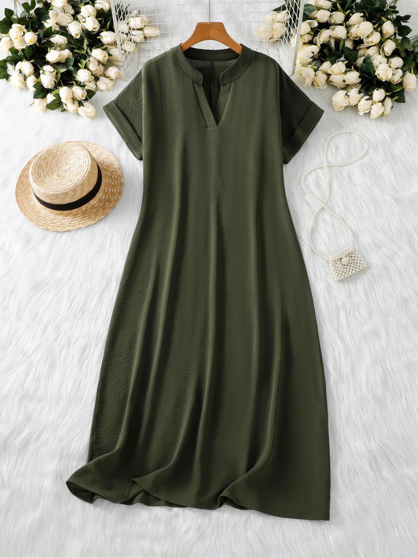 Women's Plain Solid V-Neck Short Sleeve Dress, Simple Long Dress for Women, Fitted Casual Fashion, Perfect for Daily Wear