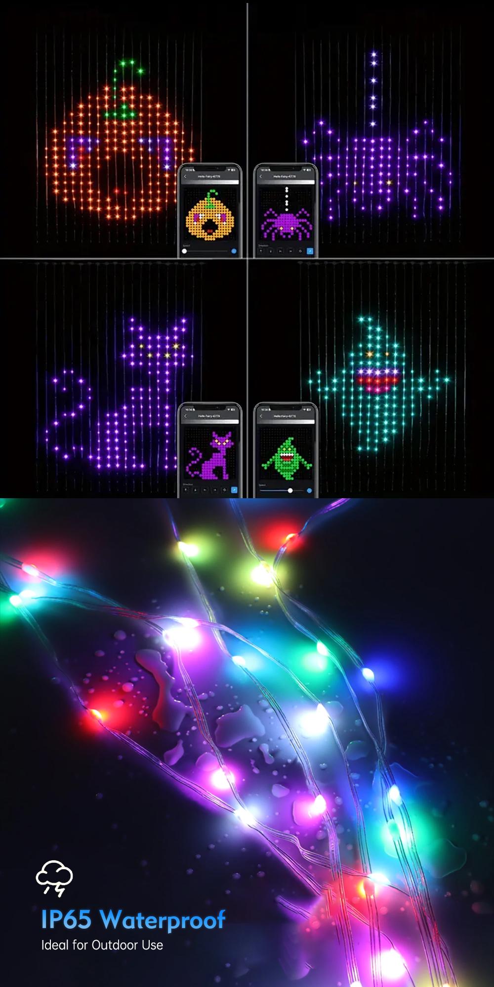 Smart LED RGB Curtain Light, 16 Million Colors, APP Control DIY Pattern & Picture Upload Atmosphere Lamp, IP67 Spherical String Holiday Party Lights For Indoor and Outdoor Window Decoration