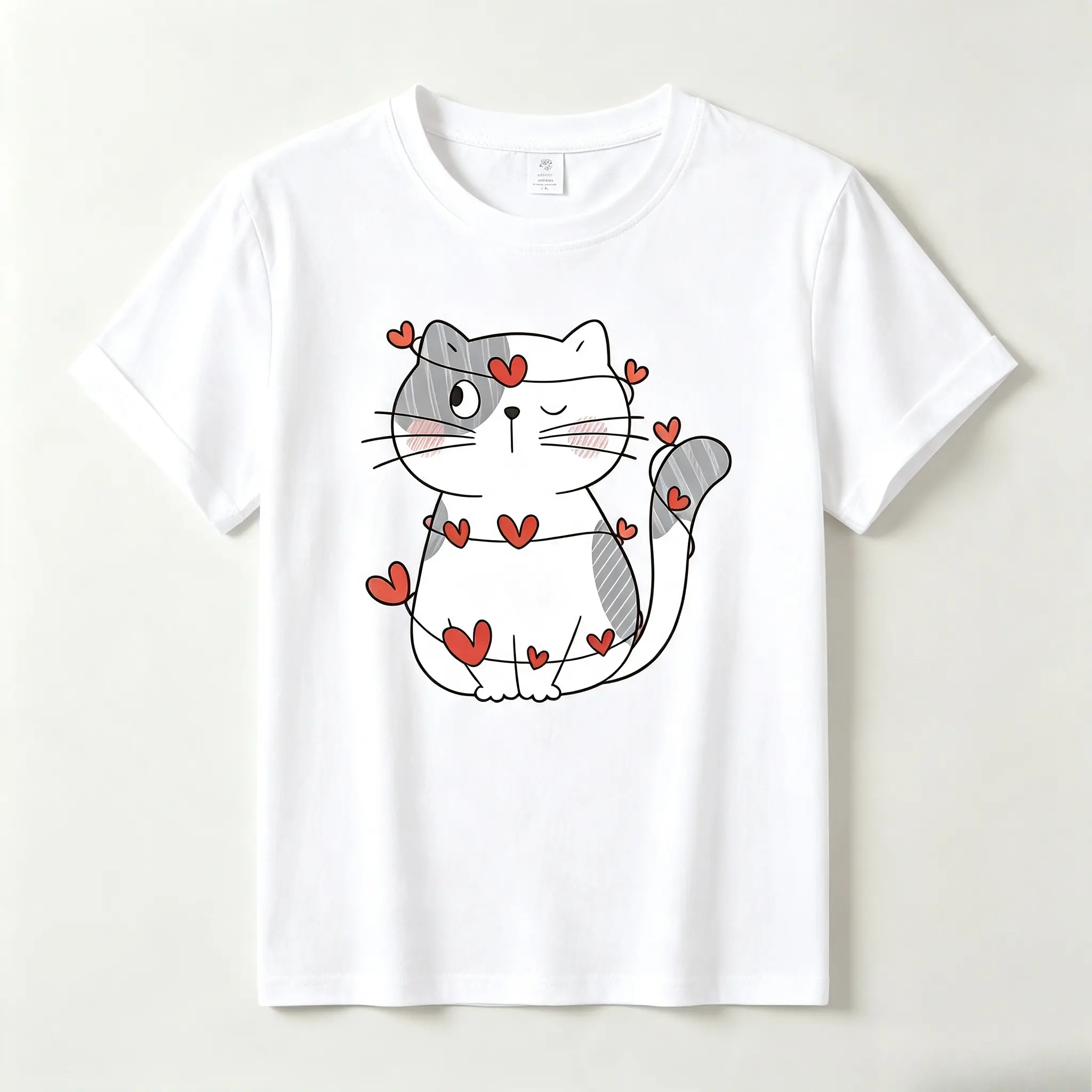 Cute Winking Cat Red Hearts Graphic Cotton T-Shirt, Oversized Comfort Fashion Outfit, Lovely Animal Casual Top, Perfect Valentine's Day Holiday Gift for Lovers, Family, Friends For Him Her